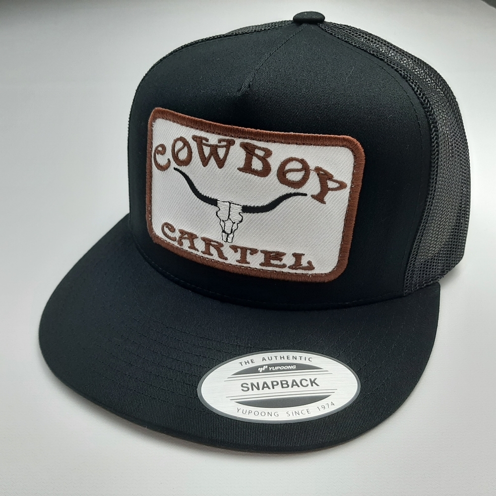 Cowboy Cartel Flat Bill Mesh Snapback Trucker Hat Cap Black Embroidered Patch